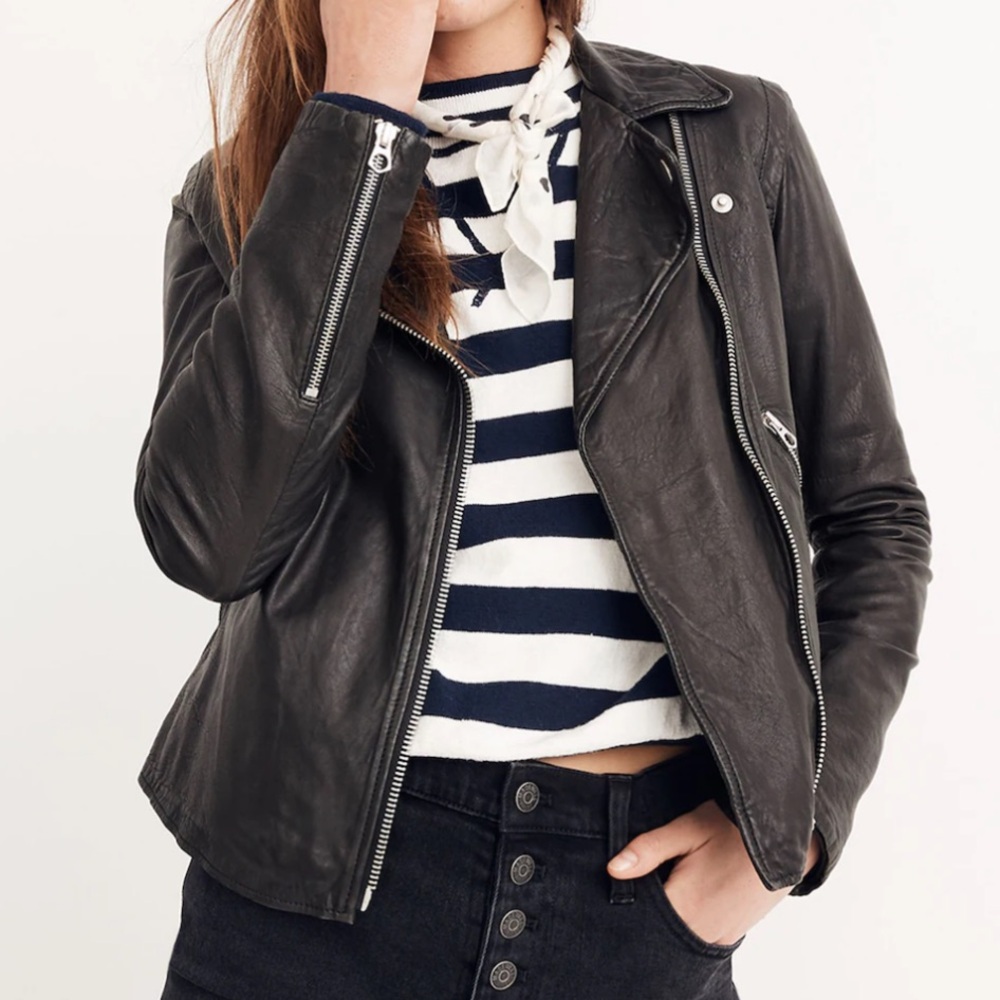 MADEWELL The Washed Leather Motorcycle Black Jacket Women XS